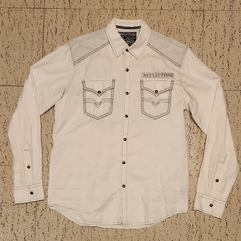 Affliction White Embroidered Spell Out Logo Button Down Long Sleeve Dress Shirt